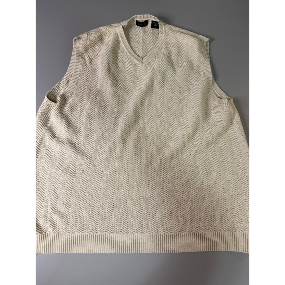 IZOD Mens V-Neck Sweater Vest Cream Cotton Chevron Knit Large Sleeveless Golf